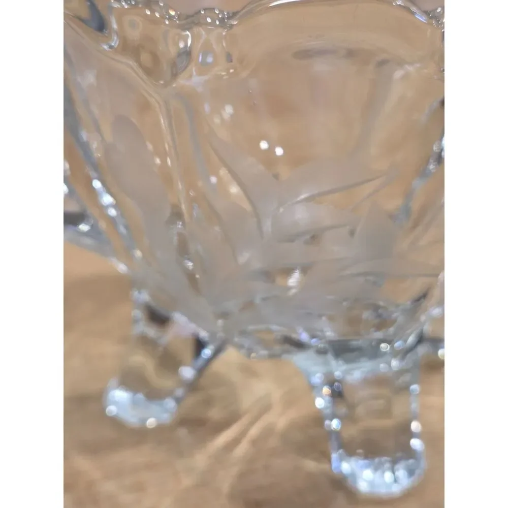 Vintage Clear Glass Etched Floral Creamer and Sugar Bowl Set Four Footed 2 Pcs